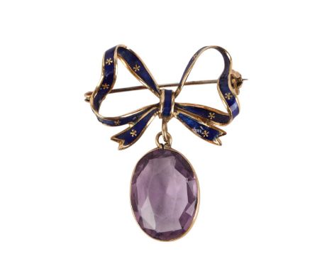 An 18ct gold and blue enamel bow brooch with amethyst pendant drop, 3.5cms wide, 6.4g.