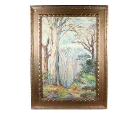 Early 20th century English school - an Impressionist style woodland scene, oil on board, 47 by 70cms, in a Rowley type silver