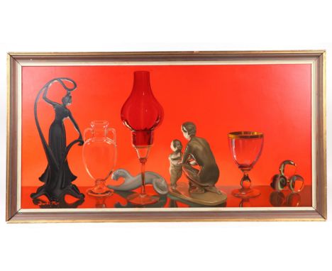 Barba Tate (modern British) - a 1960's surreal still life painting entitled Behind The Shelf, oil on canvas, signed lower lef