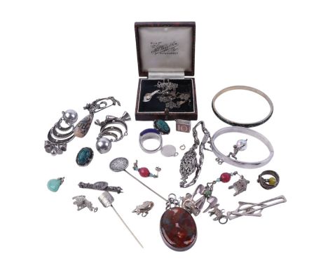 A quantity of silver and white metal jewellery to include a Chines white metal and enamel bangle; a plain Charles Horner silv