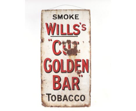 An original enamel advertising sign 'SMOKE WILLS CUT GOLDEN BAR TOBACCO', 46 by 91cms.Condition ReportThere are enamel losses