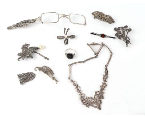A quantity of Art Deco silver and marcasite set jewellery to include necklace and double clip.