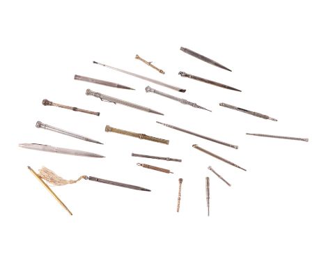 A small collection of Victorian and later silver propelling pens and pencils, various dates and makers.