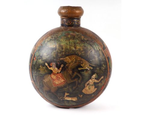 A large Mughal Indian moon flask with polychrome decoration depicting hunting scenes with noblemen, tigers and deer in forest