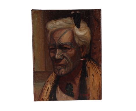 New Zealand school - Head & Shoulder Portrait of a Māori Chief - oil on canvas, indistinctly signed lower right, 15 by 20cms,