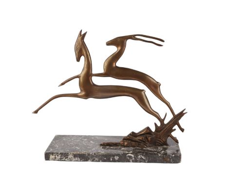 An Art Deco bronze figure of two leaping deer, on a figured marble base, 28cms high.Condition ReportThere is a loss to the fr