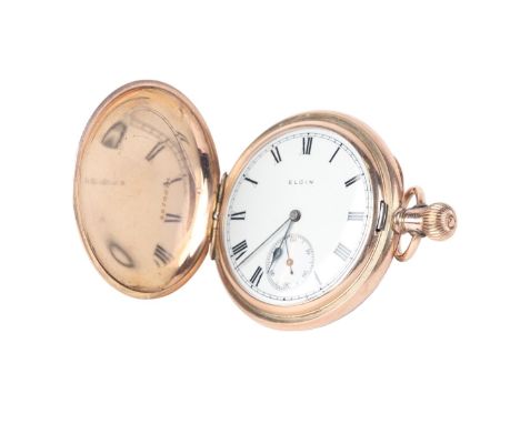 An Elgin gold plated cased full hunter pocket watch, the white enamel dial with Roman numerals and subsidiary seconds dial.