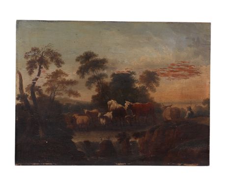 18th century Dutch school - Herdsmen with Cattle and Sheep at a Water Hole - oil on oak panel, unframed, 39 by 29cms.Conditio