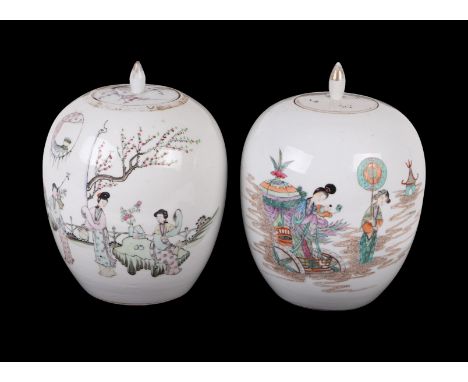 A pair of Chinese jars and covers, each decorated with figures in a landscape and calligraphy, six character mark to base, ea