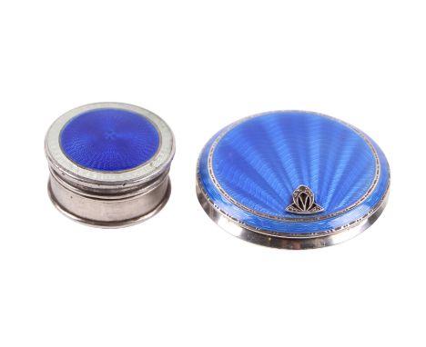 A silver and guilloche enamel compact, 5.5cms diameter; together with a silver and guilloche enamel box and cover, Birmingham