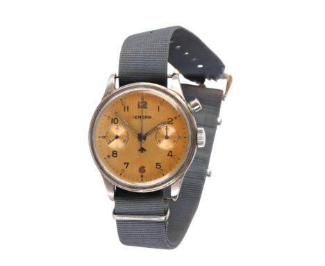 A Lemania HS9 British Royal Navy Fleet Air Arm Military issued mono push button chronograph wristwatch, circa 1950, stainless
