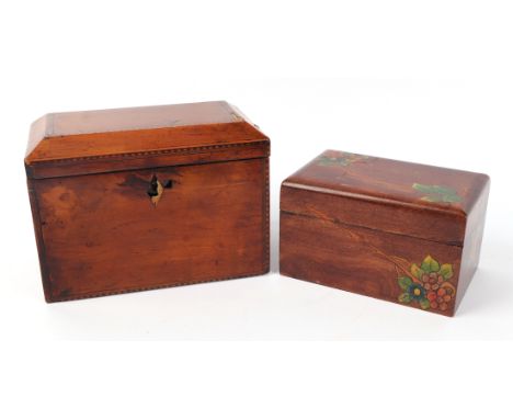 A 19th century yew wood two-division tea caddy, 18cms wide; together with an Art Nouveau painted box, 14cms wide; two similar