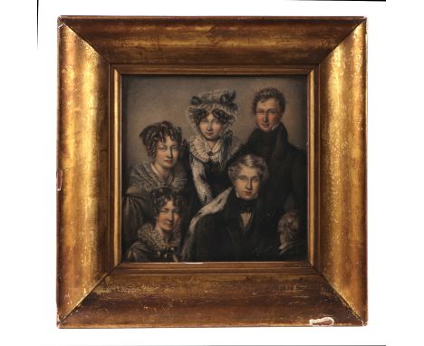 A 19th century finely drawn crayon portrait miniature group of six family members, many family details of the sitters to vers