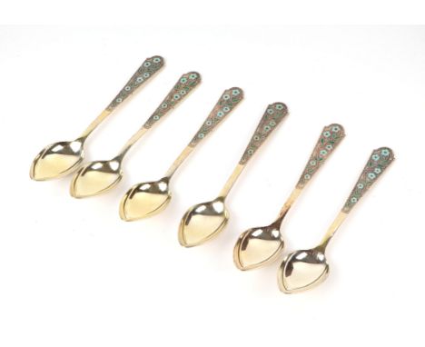 A silver boxed set of six Russian silver gilt and enamel teaspoons, marked 875, 138g.