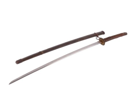 A Japanese Katana sword with signed steel blade, gilt decorated Tsuba and metal scabbard, 100cms long.
