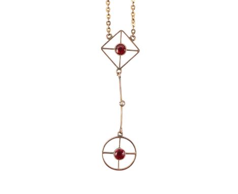 An Edwardian 9ct gold ruby and seed pearl pendant necklace, 3.9g.