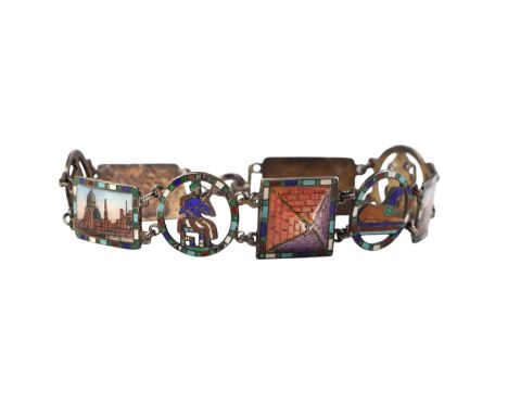A continental silver and enamel Egyptian Revival panel bracelet, 19cms long, 15.7g.