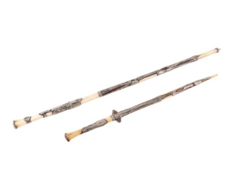 An Arabic camel whip with concealed stiletto dagger blade, the scabbard and handle with camel bone mounts, 55cms long; togeth