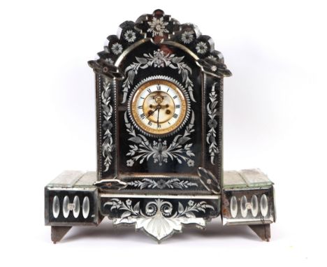 A large 19th century Italian / Venetian mirror glass mantle clock with cut and etched foliate decoration, the enamel dial wit