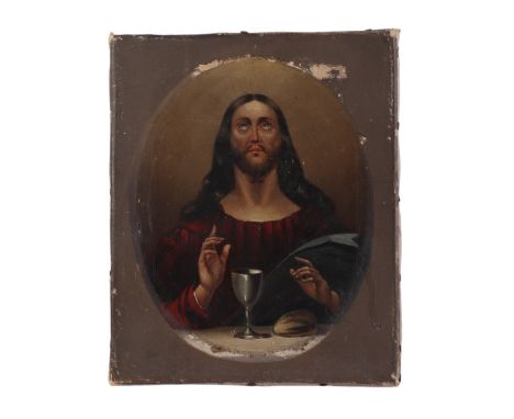 Victorian school - Portrait of Jesus Christ the Redeemer - oil on canvas, signed & dated 1850 to verso, 18 by 20cms, unframed