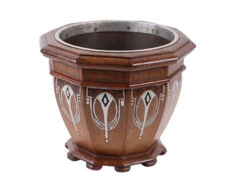An Art Nouveau / Jugendstil mahogany planter with painted decoration, 25cms diameter.