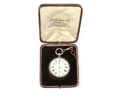 A silver cased open faced pocket watch, the white enamel dial with Roman numerals and subsidiary seconds by JW Benson, boxed.