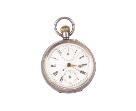 An open faced silver cased chronograph pocket watch, the white enamel dial with Roman numerals and subsidiary dials.Condition