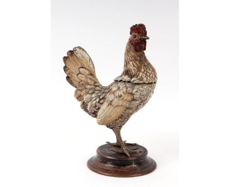 In the manner of Franz Bergman, an Austrian cold painted bronze figure of a cockerel with hinged lid, stamped Geschutzt and n