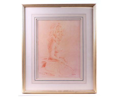 Roy Petley (modern British) - Portrait of a Young Woman Seated on a Chair - signed & dated 1987, sepia sketch, framed & glaze