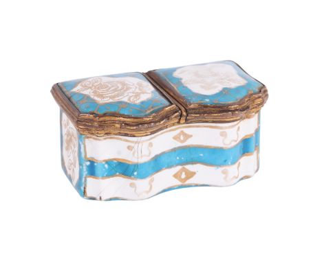 An 18th century German double lidded enamel snuff box decorated with gilded flowers, on a turquoise ground, 7.5cms wide.