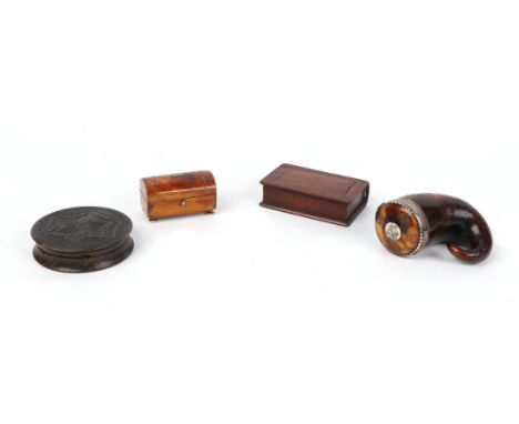 A Scottish white metal mounted snuff mull , 7cms high; together with a pressed horn snuff box; a book form treen snuff box an