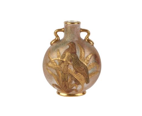 A Coalport porcelain Aesthetic Period moon flask decorated in relief with gilded birds and insects amongst foliage, 14cms hig