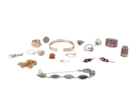 A silver gilt bangle; together with a group of silver and white metal dress rings; a silver and enamel pill box and other ite