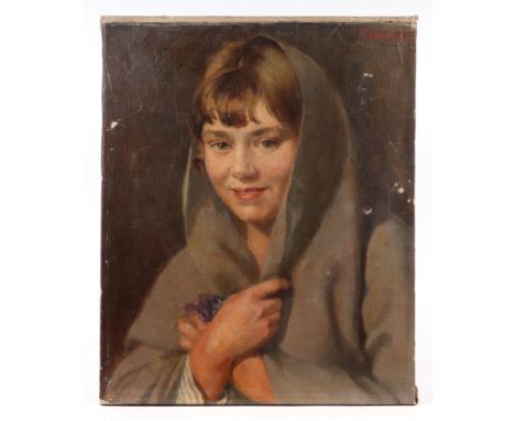 Late 19th century English school - a Newlyn type portrait of a young girl wearing a shawl and holding violets, indistinctly s