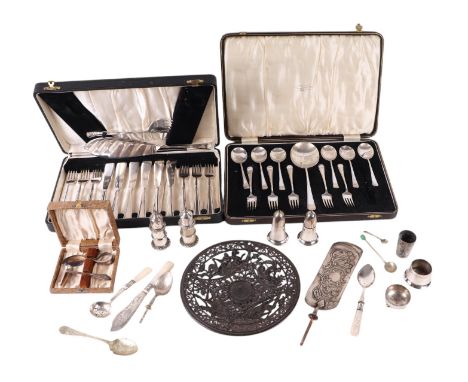 A quantity of silver plate to include a boxed set of six open salts, cutlery sets to include Thai bronze sets and other items