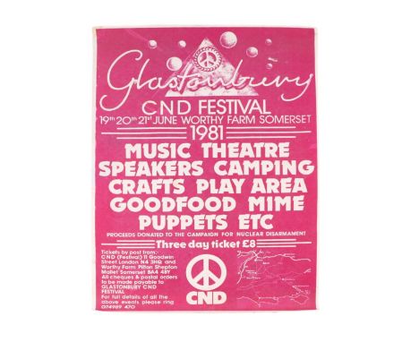 An original 1981 Glastonbury three-day music festival poster 'Three Day Ticket £8', 41 by 58cms.
