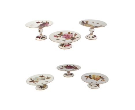 A set of six Victorian Brown, Westhead & Moore comports decorated with roses and butterflies with gilt highlights, pattern no