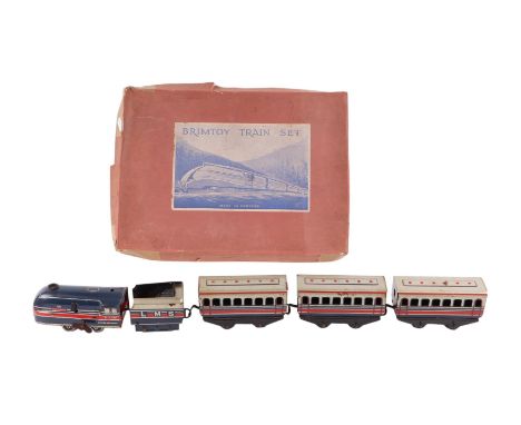 A Brimtoy clockwork tinplate train set in original pictorial box.
