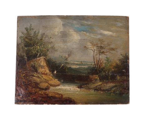 James Stark (1794-1859) - Cottage by a River - signed lower right, oil on panel, unframed, 25 by 20cms.