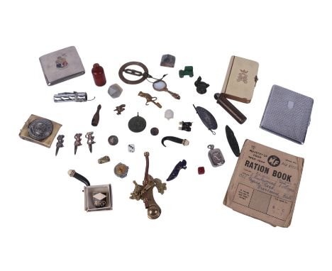 A bottle form cheroot cutter; a Stanhope in the form of a pair of binoculars; a bronze miniature goose; a copper and brass bo