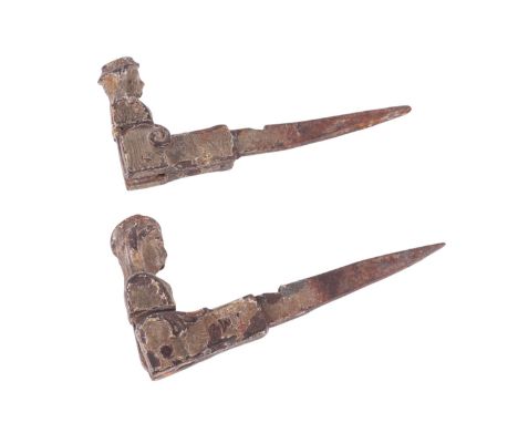 A pair of 19th century brass shutter dogs or sash window stops, 15cms long (2).