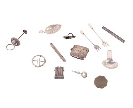 A Victorian silver vesta case, caddy spoons, napkin clip and other silver items, various dates and makers.