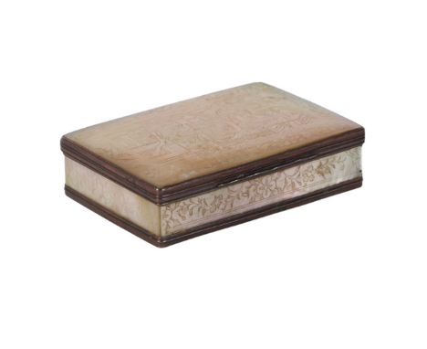  A Chinese white metal mounted mother of pearl snuff box, the top finely engraved with figures in a landscape, the sides with