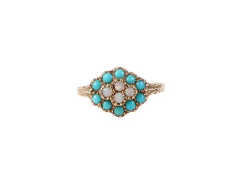 A 9ct gold opal and turquoise cluster ring, approx UK size O, 2.8g.