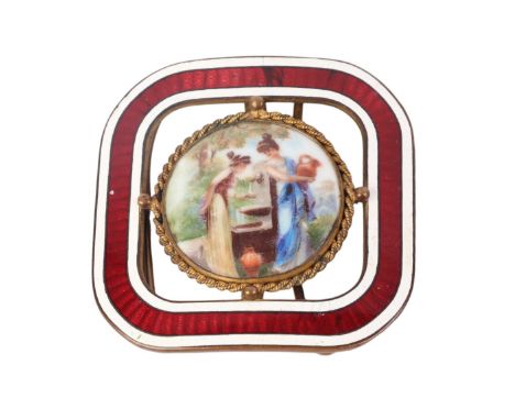 A continental gilt metal buckle with central circular porcelain plaque depicting a classical scene within an enamel border, 7