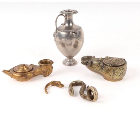 A Barbedienne Roman oil lamp chamber stick (a/f); together with a Grand Tour oil lamp inkwell; a white metal Romanesque type 