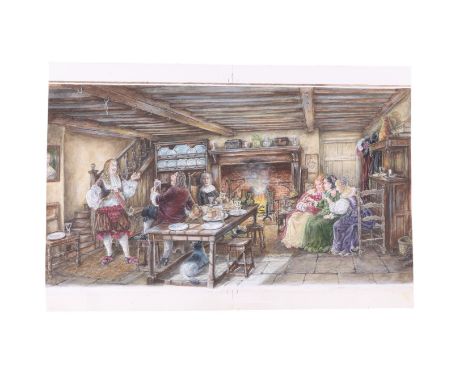 Attributed to Graham Thomas Oakley (British 1929-2022) - A Gathering in a 17th Century Kitchen - watercolour, unframed, 39 by