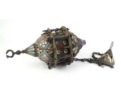 An Islamic hanging enamelled copper mosque lamp, possibly Syrian, overall 53cms drop.