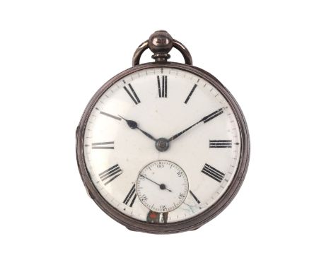 A silver cased open faced pocket watch, the white enamel dial with Roman numerals and subsidiary seconds dial, the movement s