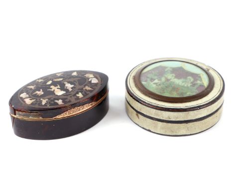 A Georgian lacquer tortoiseshell snuff box with figural diorama to the lid, 8cms diameter; together with a yellow metal mount